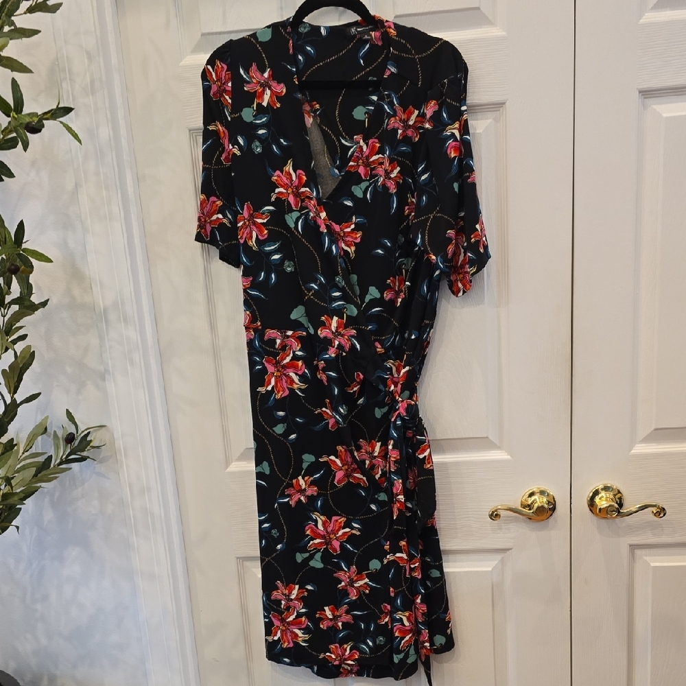 INC International Concepts Black Midi Wrap Dress with Red Floral Print